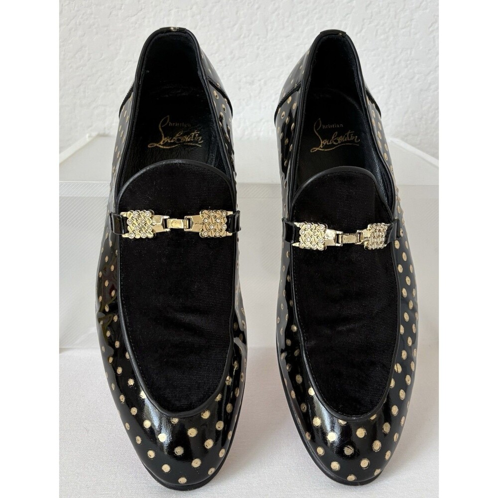 Christian Louboutin Men’s Equiswing EU 40 Loafers Patent Black Velvet Gold Dots